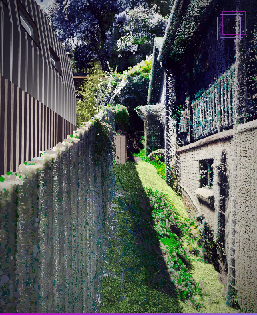 Point cloud of an existing home beside the proposed design model